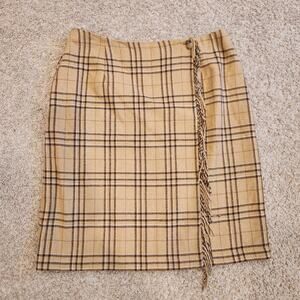 Vintage Sag Harbor Plaid Knee Length Wool Blend Tan Skirt With Fringe Sz 14